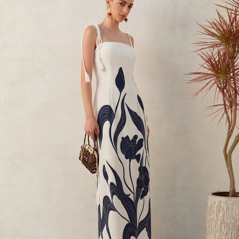 Elegant White and Blue Floral Maxi Dress